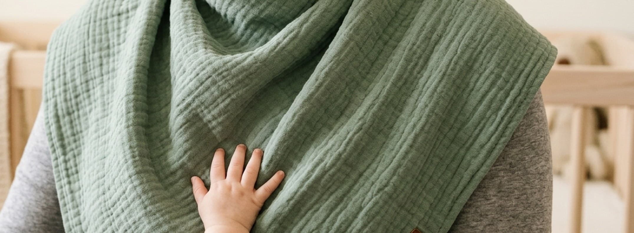 Burp Bandana draped across a parent's chest, a baby's hand resting on it